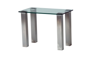 Futureglass glass side or lamp table, with square or rectangular glass with 54mm square satin polished stainless steel legs UV bonded to a 600x300mm toughened glass top.