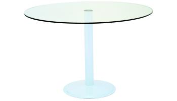 Futureglass, global elbow glass kitchen table shown with a 900mm diameter round safety glass top in white finish.