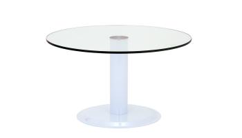 Global glass coffee table, shown with a 525mm diameter round safety glass top and a white base. 