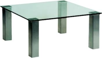 Futureglass square glass coffee table with 70mm square sating polished stainelss steel legs, shown with a 900mm square safety glass top.
