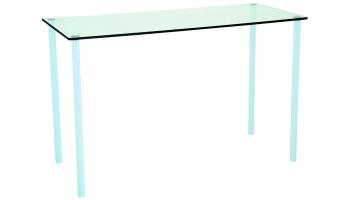 Futureglass, home office desk or console in white with safety glass top of 1120x500mm.