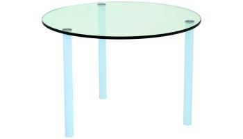 Futureglass, micro coffee table shown with a 700mm diameter round safety glass top and option of 3 white legs.