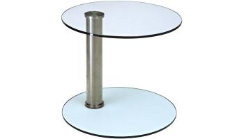 Futureglass Saint glass side or lamp table shown in satin polished stainelss steel with a 525x525mm toughened glass top and base.