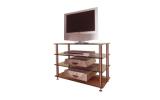 Glass lcd or tv stand wiht a variety of shelf spacings, shown in a 4 shelf configuration.