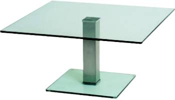 Futureglass Semplice table with a satin polished stainless steel centre column, shown with a 700mm square safety glass top.