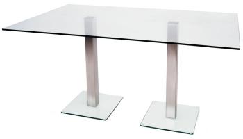 Futureglass Dual glass Meeting or Dining table shown with satin polished stainelss steel legs, and a 1500x900mm safety glass furniture top.