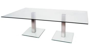 Futureglass glass furniture range presents the Dual Coffee table 1500x900mm safety glass top with sating polished stainelss steel legs.