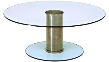 Futureglass Social table in stainless steel with a 900mm diameter round glass top.