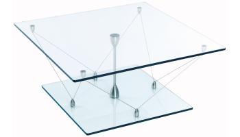 Futureglass, architectural reception or coffee table in glass and polished stainless steel rope, shown with 700mm square glass top.