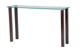 Futureglass Console desk table using toughened glass, with legs finished to wenge, shown with the option of 1120x300mm top.