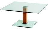 Futureglass Semplice table with a cherry finished centre column, shown with a 700mm square safety glass top.