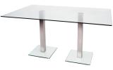 Futureglass Dual glass Meeting or Dining table shown with satin polished stainelss steel legs, and a 1500x900mm safety glass furniture top.
