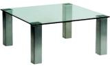 Futureglass square glass coffee table with 70mm square sating polished stainelss steel legs, shown with a 900mm square safety glass top.