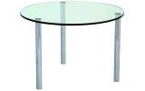 Futureglass, micro coffee table shown with a 700mm diameter round safety glass top and option of 3 chrome legs.