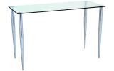 Futureglass glass furniture range brings the slender pin elbow shown with 1120x500mm safety glass topped console desk with chrome legs.