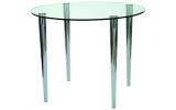 Futureglass, slender pin coffee table shown with a 700mm diameter round safety glass top and option of 4 chrome legs.