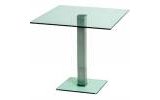 Futureglass Semplice glass cafe or kitchen table using toughened glass, with a satin polished stainless steel central, shown with the option of 700x700mm top and 74mm square leg.