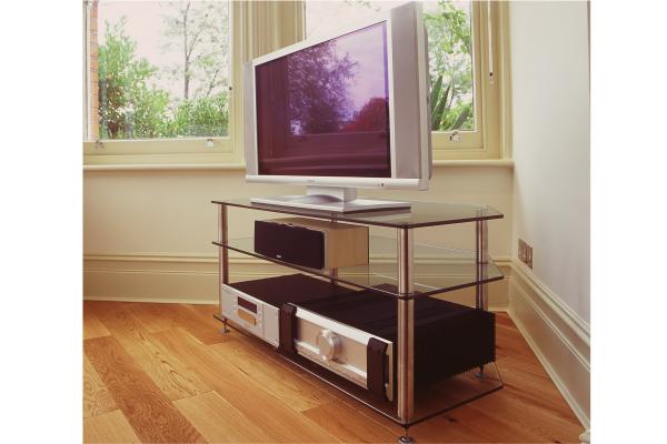 Gem television and plasma glass support stand suitable for mounting the larger screen in the corner of the room.